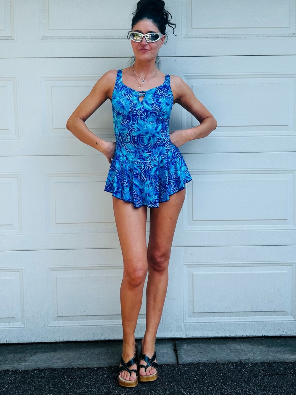 Vintage Christina Blue Floral One-Piece Swimdress Mini Dress Flirty Ruffle Skirt